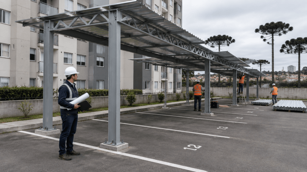Instalação de cobertura metálica sobre vagas de garagem de condomínio em Curitiba, com pilares em perfil I e tesouras treliçadas - Metal Apex
