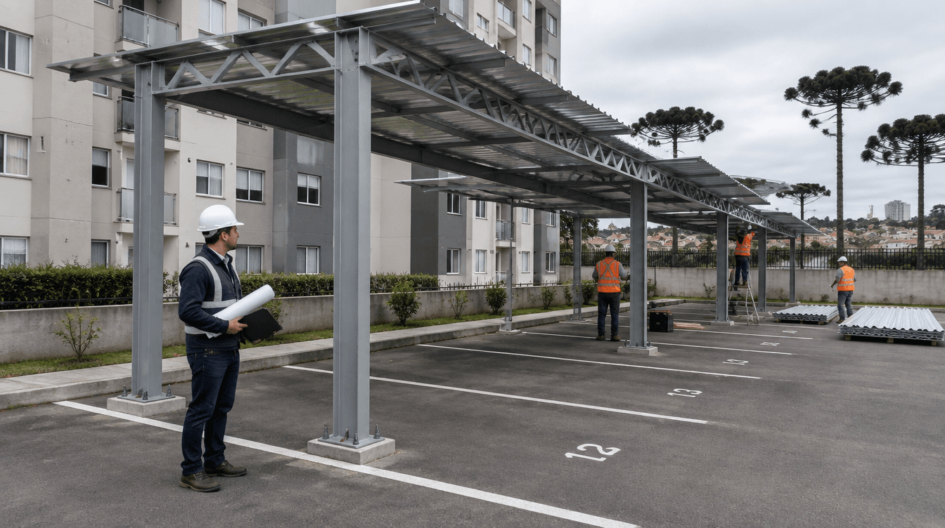Instalação de cobertura metálica sobre vagas de garagem de condomínio em Curitiba, com pilares em perfil I e tesouras treliçadas - Metal Apex