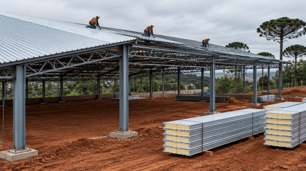 Montagem de telha metálica trapezoidal e telha termoacústica sobre estrutura metálica de barracão na região de Curitiba - Metal Apex