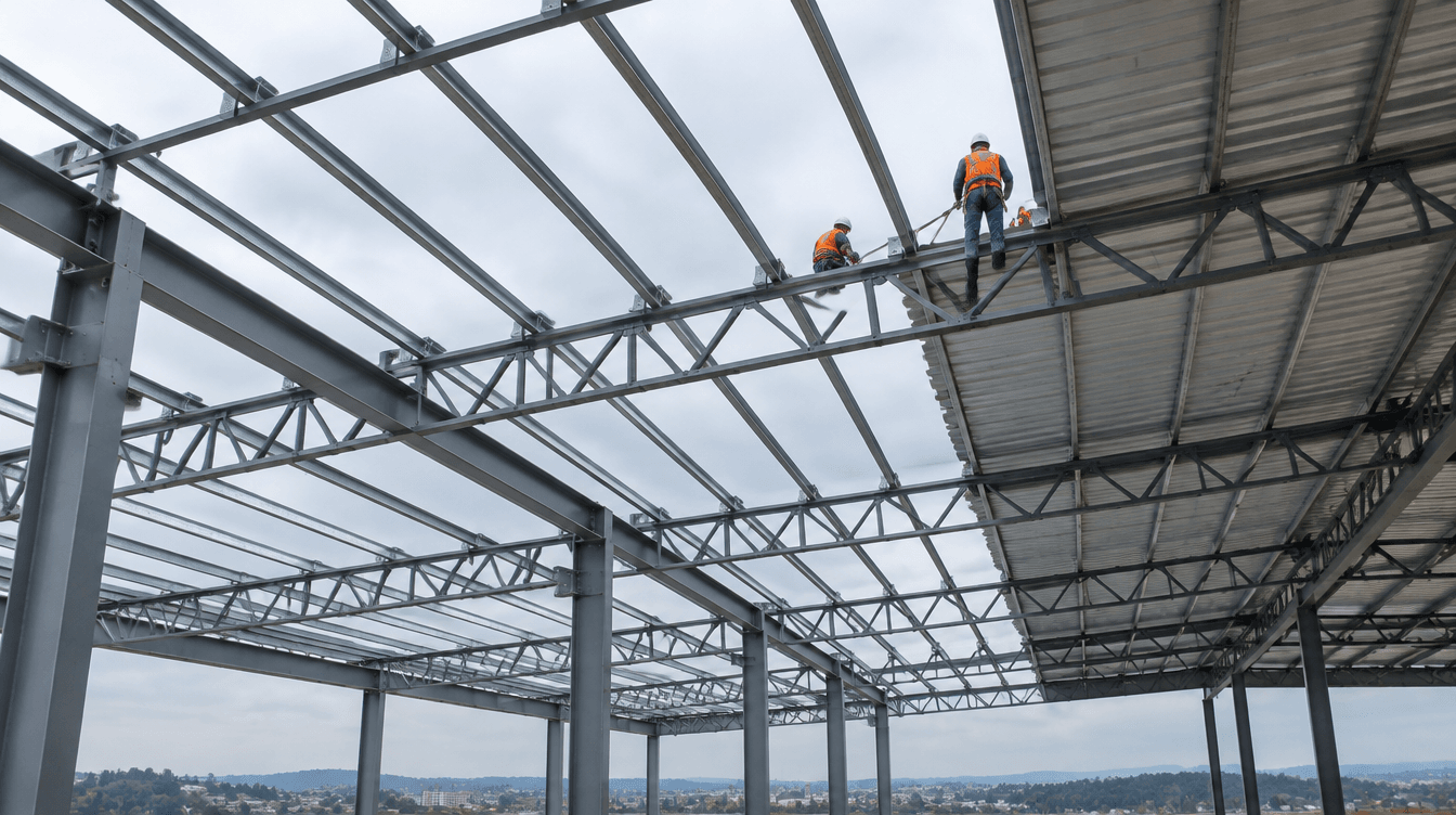 Terças metálicas em perfil U enrijecido fixadas nas tesouras e telha trapezoidal galvanizada em barracão - Metal Apex