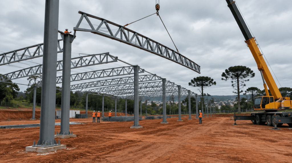 Montagem de tesouras metálicas treliçadas sobre pilares metálicos de barracão em Curitiba - Metal Apex